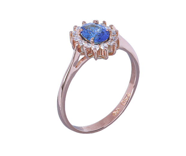 18KT ROSE GOLD RING SET WITH 01 BLUE SAPPHIRE AND 14 DIAMONDS
